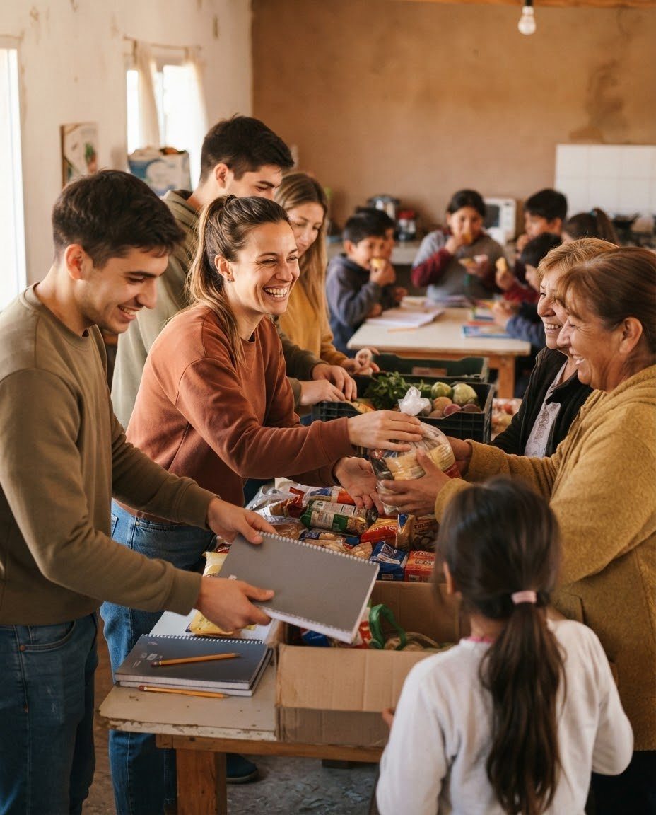 Voluntarios entregando donaciones en un comedor comunitario